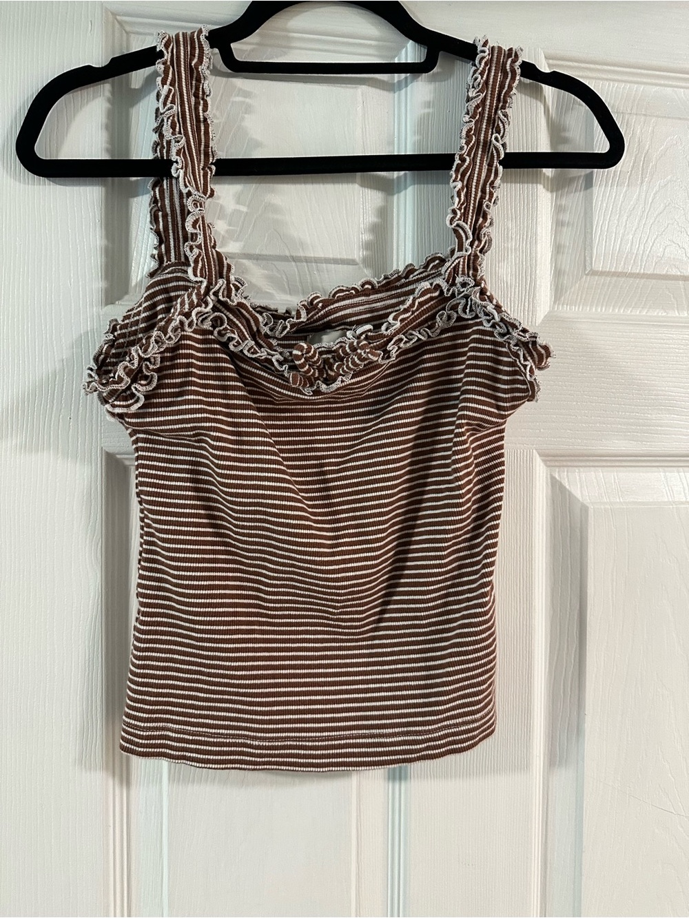 Anthropologie Maeve Brown and White Striped Ruffle Camisole
